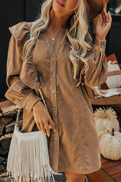 Camel Ruffle Trim Puff Sleeve Ribbed Shirt Dress KenLee Cait Camel Ruffle Trim Puff Sleeve Ribbed Shirt Dress KenLee Cait