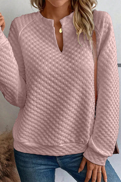 Quilted V-Neck Solid Color Long Sleeve Top