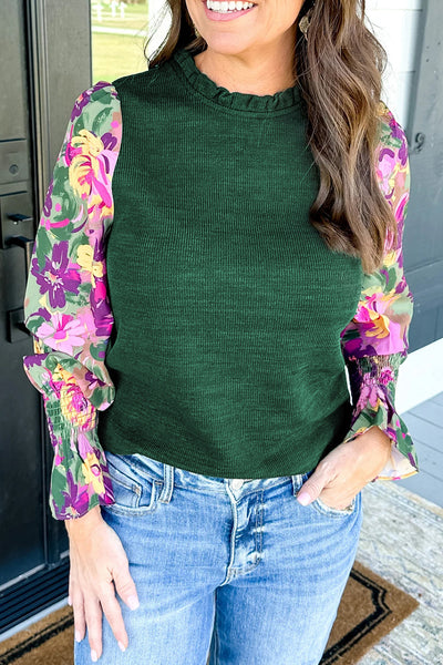 Mist Green Floral Print Puff Sleeve Frilled Neck Ribbed Top