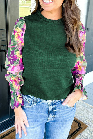 Mist Green Floral Print Puff Sleeve Frilled Neck Ribbed Top