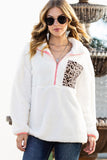 White Leopard Patch Pocket Half Zipped Fleece Sweatshirt