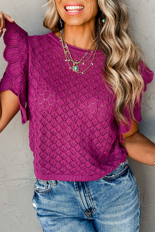 Violet Textured Knit Ruffled Short Sleeve Shirt
