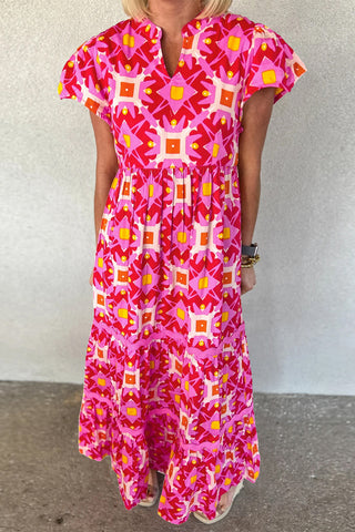 Mastermind Strawberry Pink Abstract Print Pleated Flounce Sleeve Maxi Dress