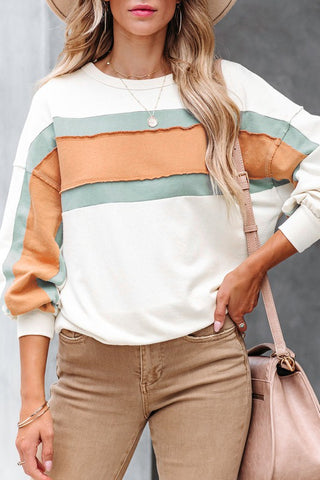 White & Orange Color Block Casual Sweatshirt