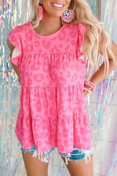 Cheetah Print Pink Flutter Casual Tiered Pleated Summer Top