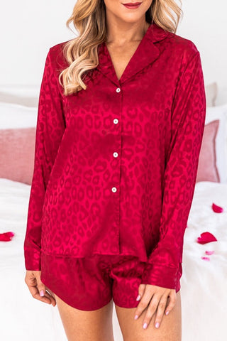 Red Leopard Satin Long Sleeve Top & Shorts Loungewear Set